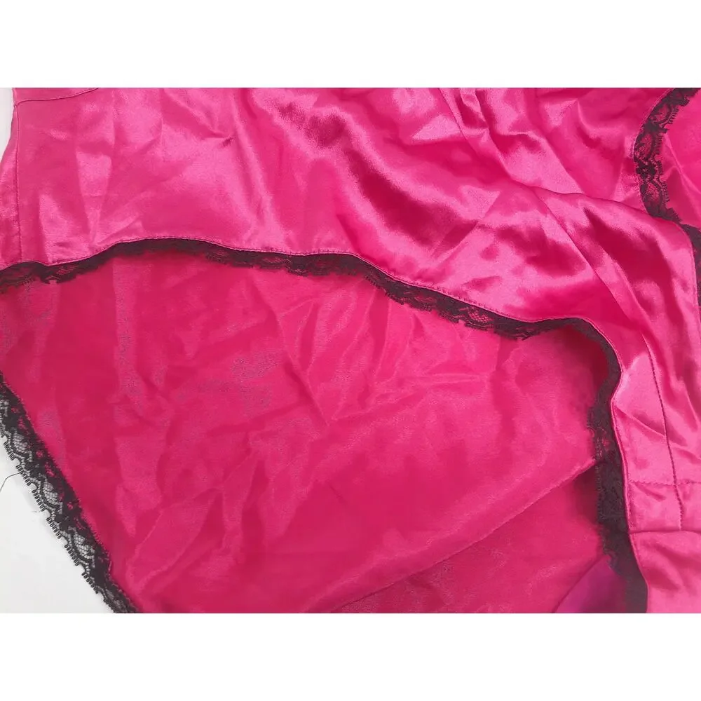 Vintage JCPenney Delicates Pink Satin Black Lace Teddy Bodysuit Size M New